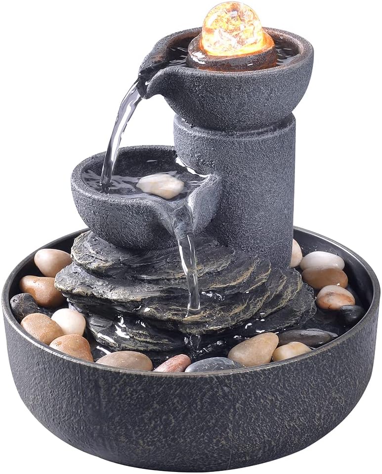 GOSSI Tabletop Fountain Indoor Fountain 2-Tiered Water Meditation Decorative Waterfall w/LED/Cobblestone/Glass Rolling Ball Soothing Sounds for Office and Home - Image 1